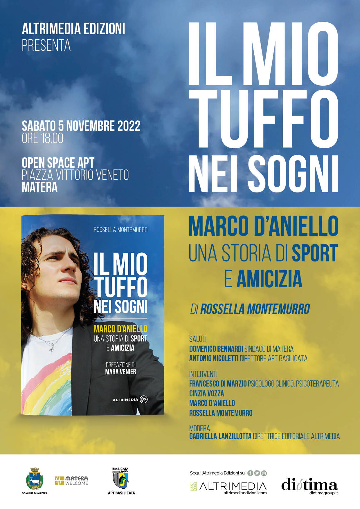 “Il mio tuffo nei sogni. Marco D’Aniello, una storia di sport e amicizia” di Rossella Montemurro: presentazione a Matera, Open Space APT, sabato 5 novembre 