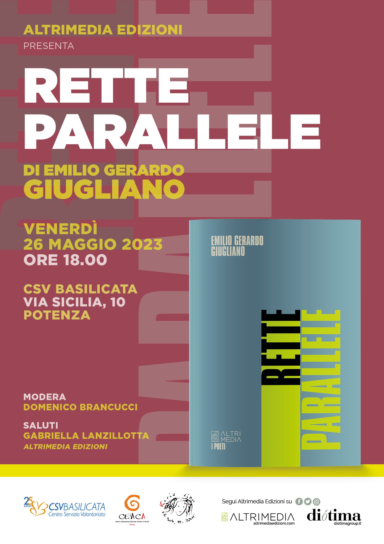 Venerdì 26 maggio a Potenza presentazione di “Rette parallele”, la nuova silloge di Emilio Gerardo Giugliano