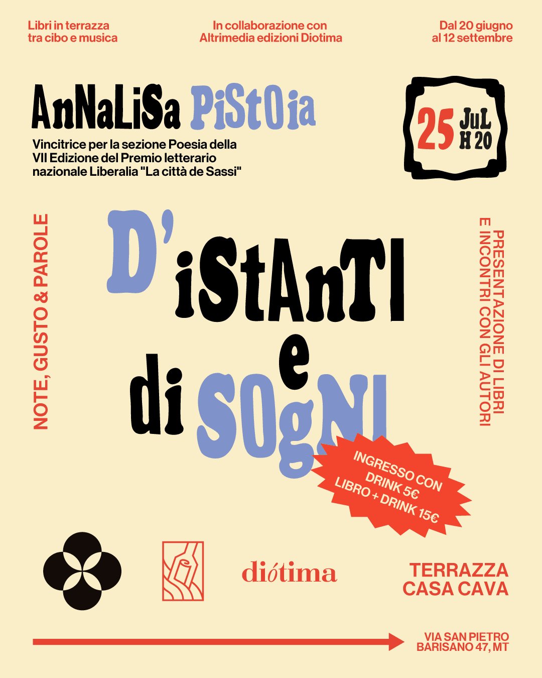 “Note, Gusto e Parole”, il cartellone estivo di Libri in terrazza a Casa Cava il 25 luglio ospita la vincitrice della sezione Poesia della VII edizione del Premio letterario nazionale Liberalia “La città dei Sassi” Annalisa Psitoia