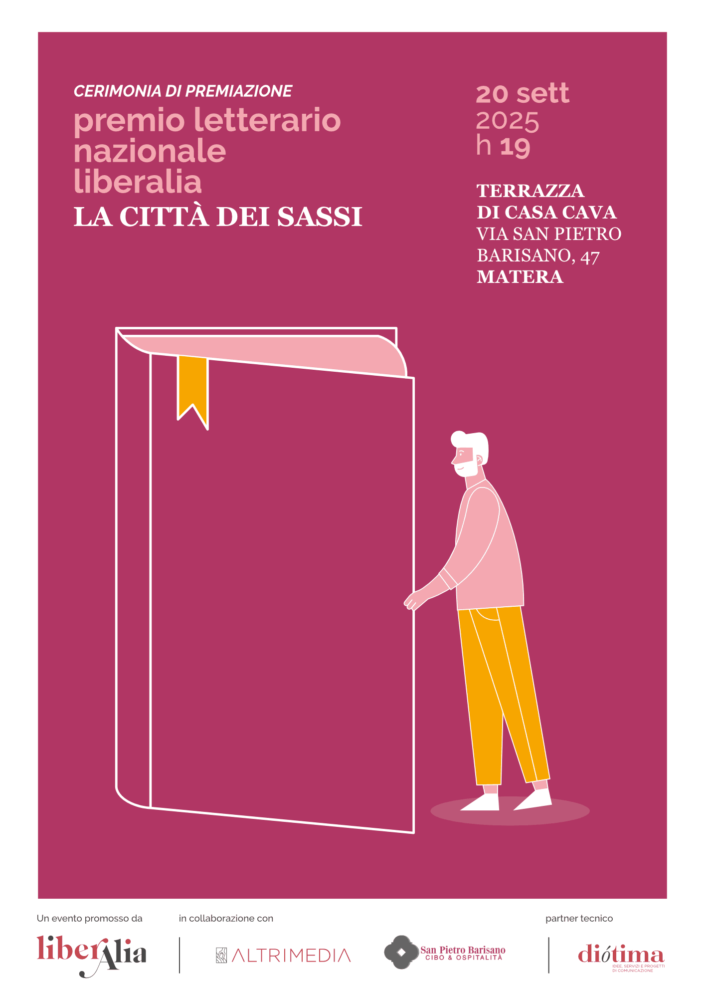 Sabato 20 settembre cerimonia di premiazione dei vincitori dell’ottava edizione del Premio letterario nazionale Liberalia "La Città dei Sassi"